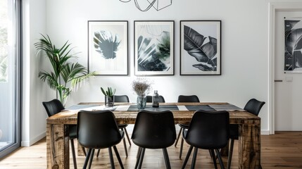 Monochrome dining area with wood table and art prints