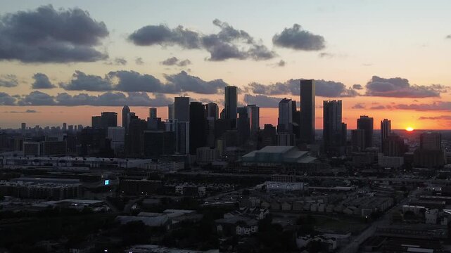 Downtown Houston, Texas during sunset from a drone