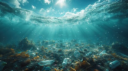 Obraz premium An ocean with plastic waste floating in it, an under water shot with a plastic bottle.