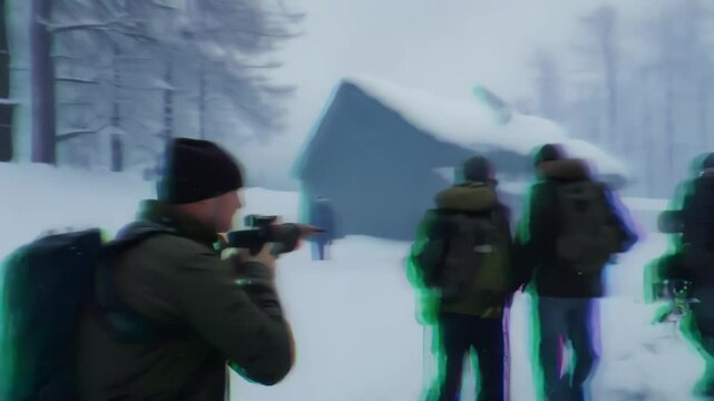 Handheld shot: Survivors trudge through snowy wasteland. Camera shakes, following group's arduous journey. Glitchy visual effects emphasize harsh, post-apocalyptic atmosphere.	