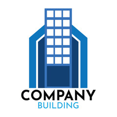 An Illustration sleek and modern logo representing a company building. The design features a stylized building in shades of blue  symbolizing corporate architecture and professional structures.