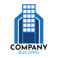 An Illustration sleek and modern logo representing a company building. The design features a stylized building in shades of blue  symbolizing corporate architecture and professional structures.