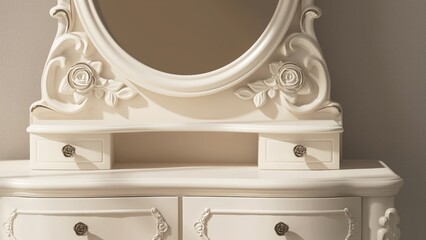 Empty ivory white elegant victorian design dressing table in sunlight on beige wallpaper wall for luxury fashion, cosmetic, skincare, beauty, body care product display background 3D