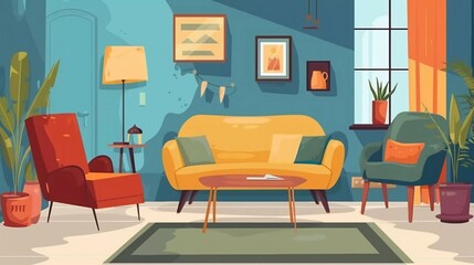 Living room interiors. Comfortable sofa and chair. Very beautiful vector flat illustration