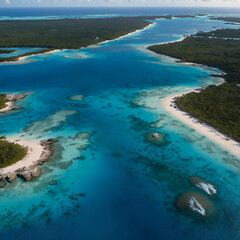 a plane flying over a tropical island with many buildings on the water Stunning Aerial View