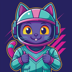 Neon cat avatar vector-style image of a cute cat with a motorcycle helmet gives a thumbs up