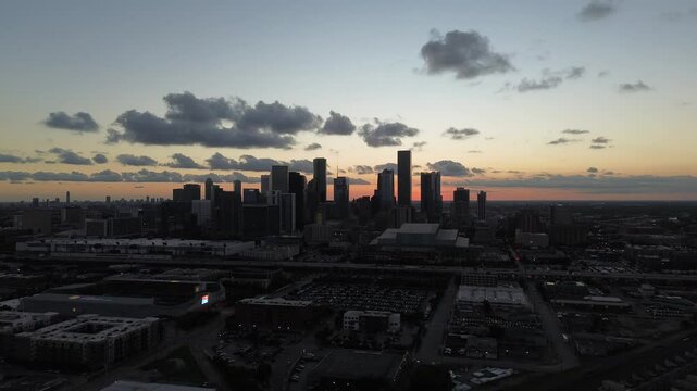 Downtown Houston, Texas during sunset from a drone