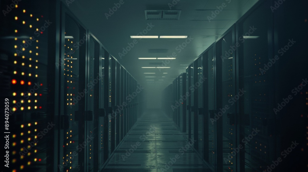 Poster a dimly lit data center, endless rows of server racks stretching into the darkness, illuminated by s