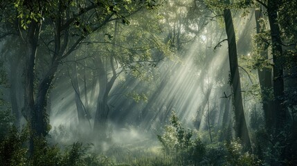 Fototapeta premium A mystical forest scene with fog and ethereal light filtering through the trees, creating a magical atmosphere. 32k, full ultra HD, high resolution