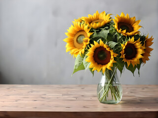 Beautiful bouquet of sunflowers in vase on table indoors. Space for text