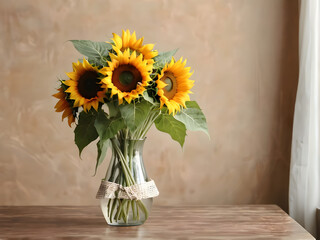 Fototapeta premium Beautiful bouquet of sunflowers in vase on table indoors. Space for text