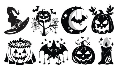 Obraz premium Set of isolated Halloween decoration elements for sticker, badge, tag or label in cute graphic illustration style on transparent background, Volume 8: Black silhouette style.
