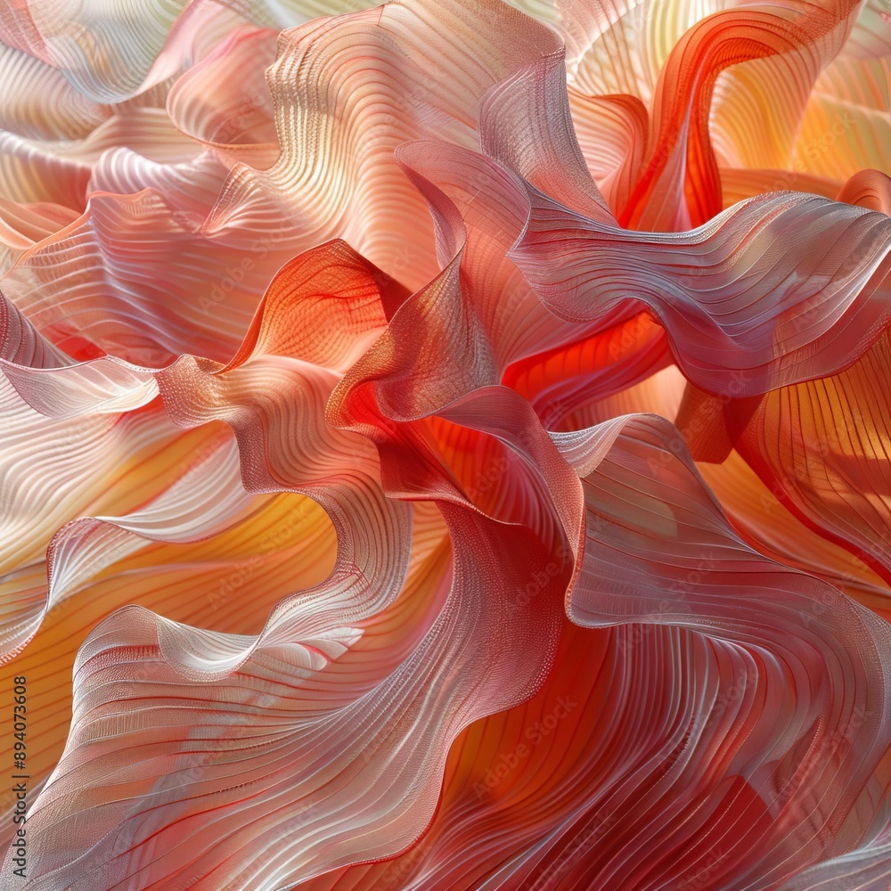 Poster abstract art with flowing, colorful patterns in shades of red, orange, and white, creating a vibrant