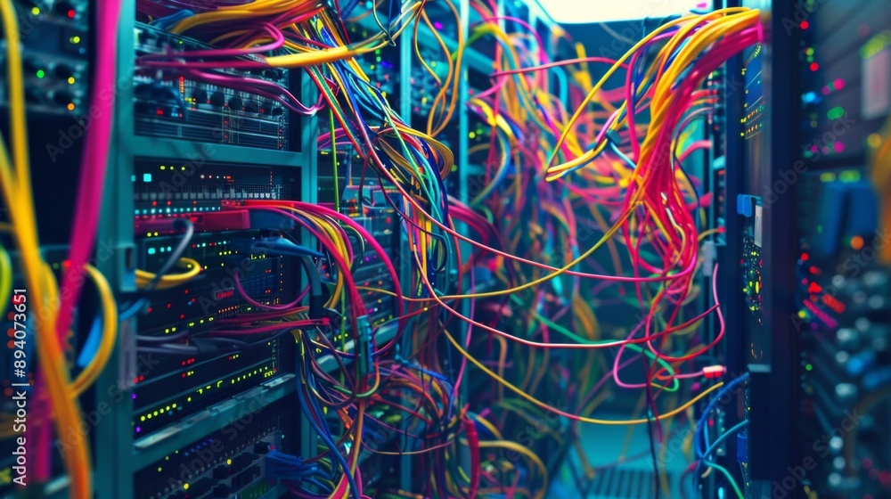Aufkleber a pixelated tangle of brightly colored network cables behind a server rack, creating a chaotic yet n