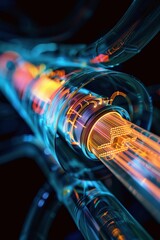 A single fiber-optic cable in wireframe, its cross-section showing the layering of protective elements and data strands