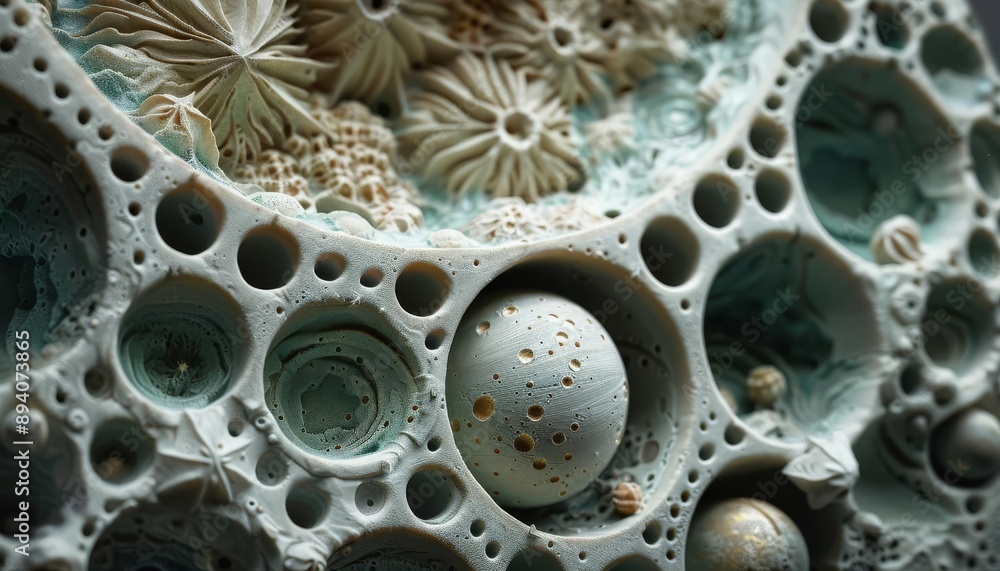 Poster close-up of abstract organic fractal pattern with circular elements and detailed textures. green and