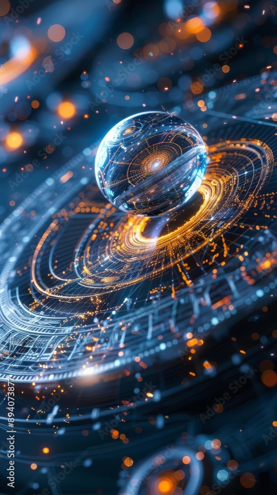 Poster futuristic digital visualization with glowing elements and a central orb, representing advanced tech