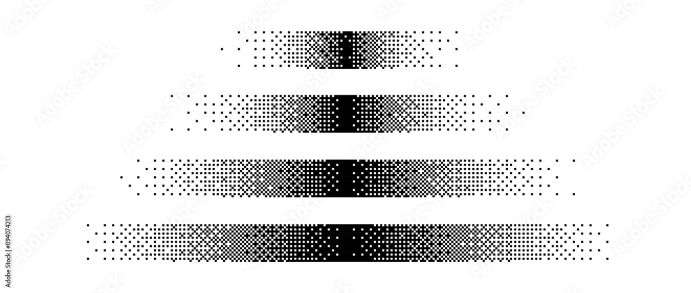 Poster halftone horizontal gradient border set. black long dotted frame or divider collection. pixelated re