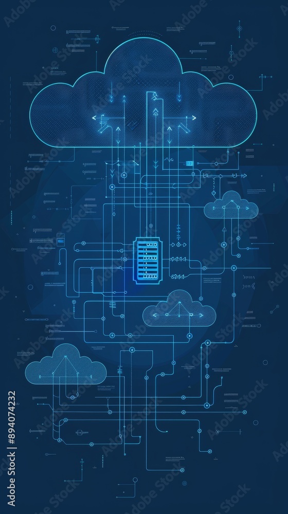 Poster blueprint-style flowchart representing cloud data migration, servers, storage, and network component