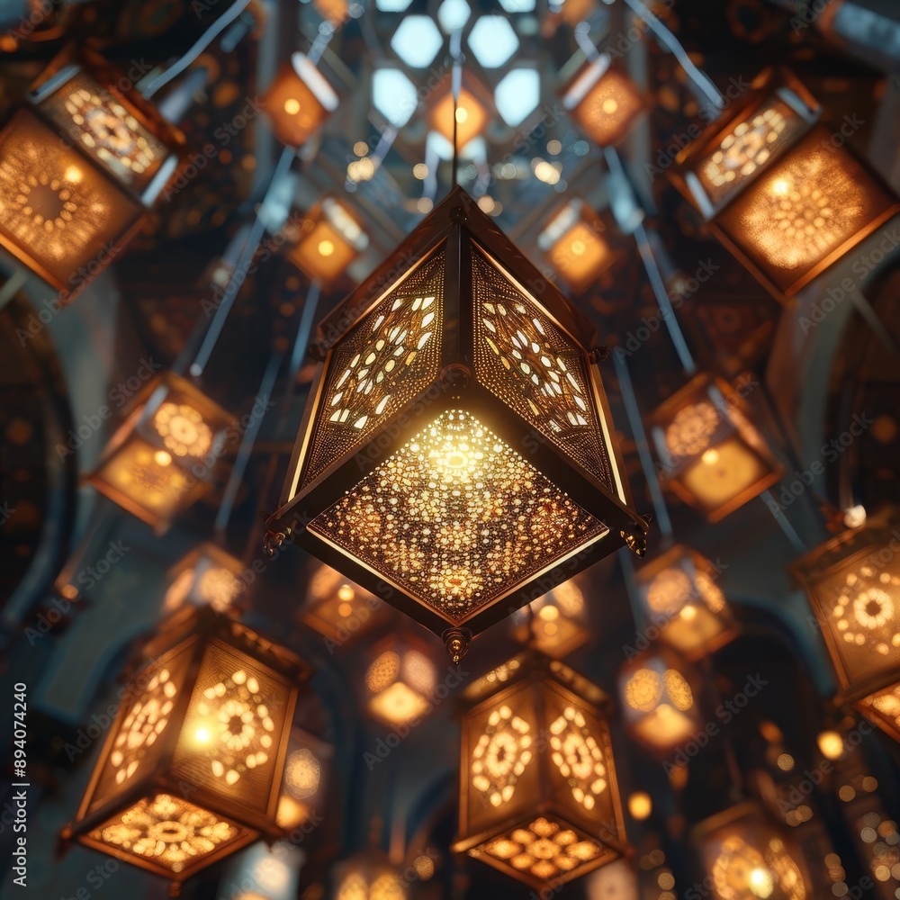 Poster a stunning array of intricate hanging lanterns glowing warmly against a dimly lit backdrop, creating