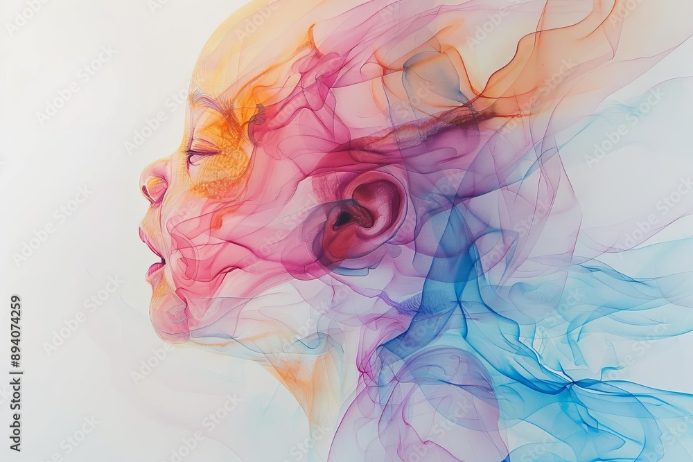 Poster abstract portrait of a person with colorful, flowing lines, blending seamlessly into the background,