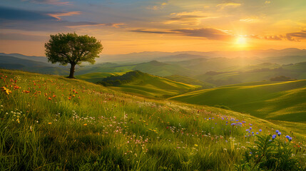Fototapeta premium A golden sunset over rolling green hills with a lone tree and wildflowers in the foreground