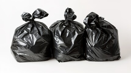 Three Black Garbage Bags on White Background