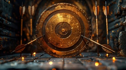 Fototapeta premium 3D rendering of a golden target with arrows hitting the center.