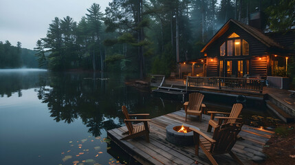 Fototapeta premium A serene lakeside cabin with a wooden deck, Adirondack chairs, and a fire pit, surrounded by tall pine trees and a calm, reflective lake