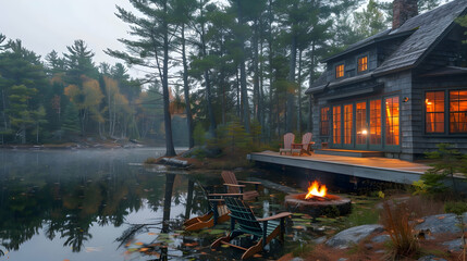 Obraz premium A serene lakeside cabin with a wooden deck, Adirondack chairs, and a fire pit, surrounded by tall pine trees and a calm, reflective lake