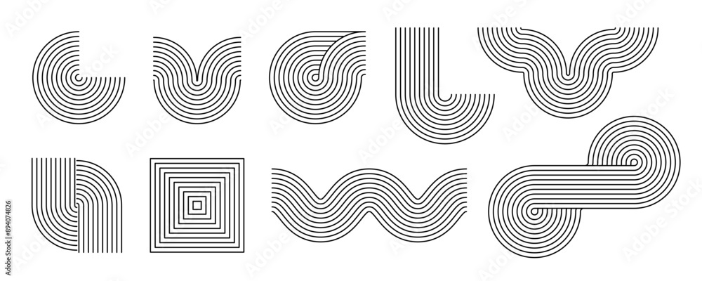 Poster black linear boho style arch and wave set. mid century curve shapes collection. decorative line arc 