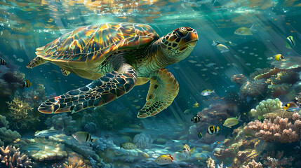 Fototapeta premium A turtle swimming gracefully in a crystal-clear lagoon, surrounded by colorful fish and illuminated by gentle sunlight