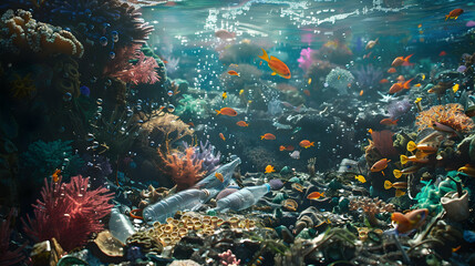 Naklejka premium A vibrant coral reef surrounded by discarded plastic bottles and bags, showcasing the threat to underwater ecosystems