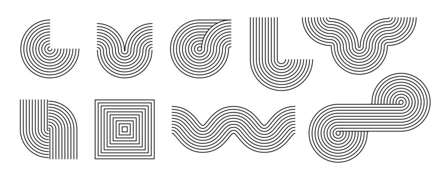 Black linear boho style arch and wave set. Mid century curve shapes collection. Decorative line arc elements for graphic design template, poster, banner, cover. Vector wavy zigzag forms