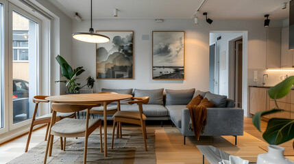 Apartment, light oak dining set, cozy corner sofa in the living room, sleek hallway with Nordic artwork, urban rooftop panorama