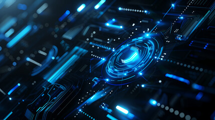 Abstract cyber design with black and blue geometric shapes and a high-tech, innovative look