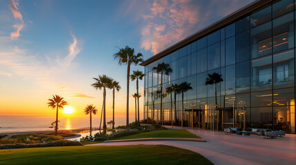 Beachfront hotel with a modern glass facade, palm trees, and a sunset view over the ocean