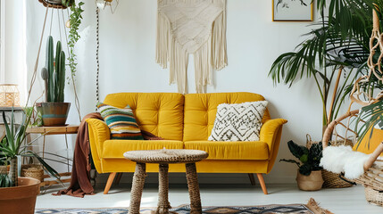 Bohemian-inspired room with a mustard yellow sofa, rattan table, eclectic decor, and a hanging macrame plant holder, adding a cozy and artistic touch
