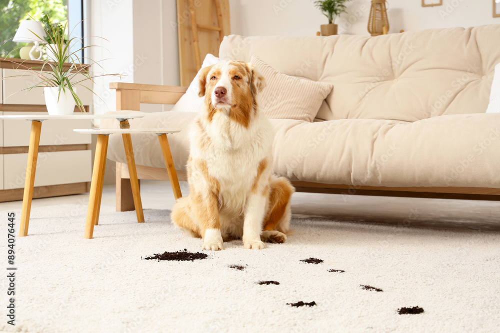 Sticker Cute Australian Shepherd dog near soil and trails on carpet at home