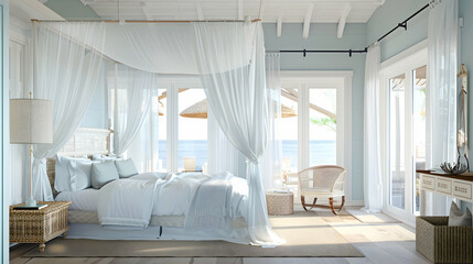 Bright and airy beach house bedroom with a white canopy bed, light blue accents, wicker furniture, and sliding doors opening to an ocean view