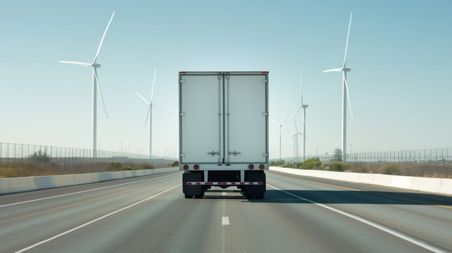 White semi-truck driving past wind turbines on a sunny day.