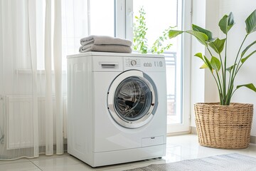 Modern washing machine with towels on top, placed in a bright laundry room with plants, near a window with curtains.
