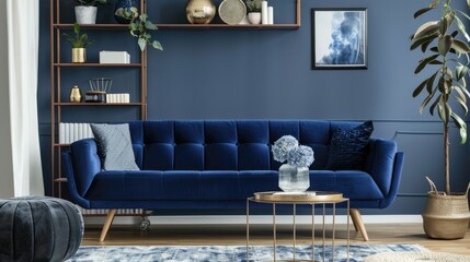 Chic contemporary living room with blue sofa, metal shelf, coffee table, pouf, and elegant decor against dark blue wall. Home staging. Template. Copy space.