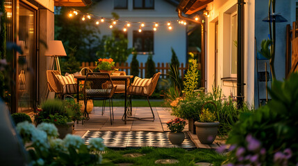 Charming garden patio with wrought iron furniture, potted plants, and soft string lights as the sun sets