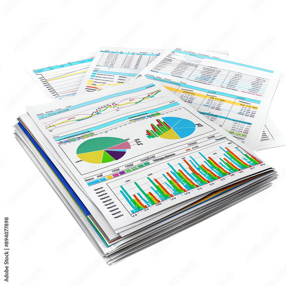 Poster stack of detailed financial reports with colorful charts and graphs, showcasing business data and st