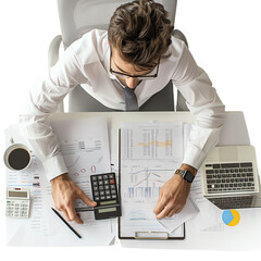 Business professional analyzing financial data with calculator, charts, and graphs. Overhead view of office desk with paperwork.