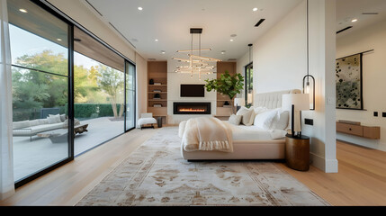 Chic master bedroom with light wood floors, a pendant light cluster, neutral tones, a plush area rug, and a sleek fireplace framed by large windows