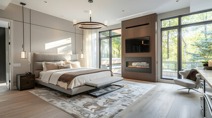 Chic master bedroom with light wood floors, a pendant light cluster, neutral tones, a plush area...