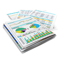 Stack of detailed financial reports with colorful charts and graphs, showcasing business data and statistics.