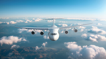 White airplane flying above clouds during daytime, 3d illustration.